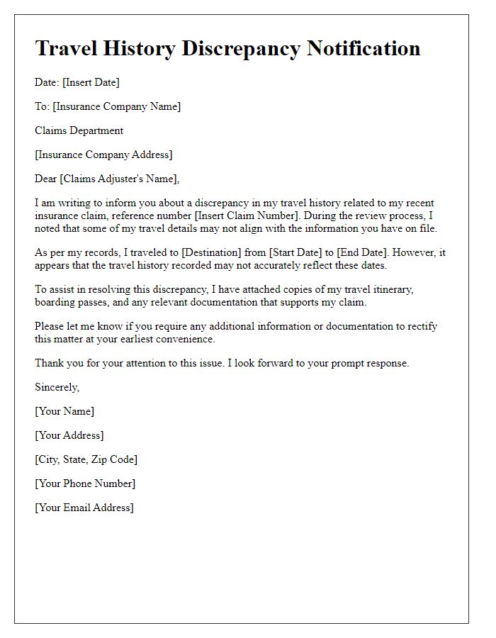 Letter template of travel history discrepancy for insurance claims.