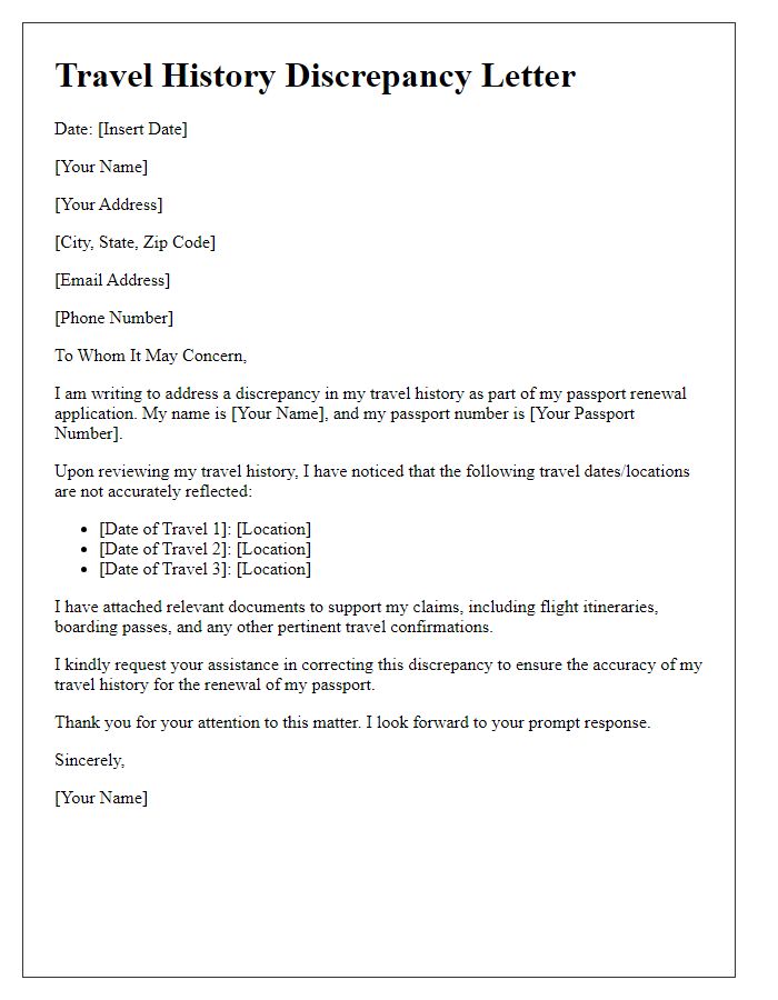 Letter template of travel history discrepancy for passport renewal.