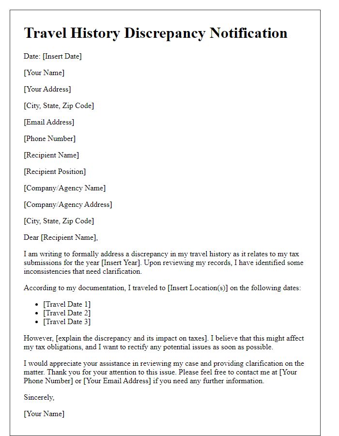 Letter template of travel history discrepancy for tax purposes.