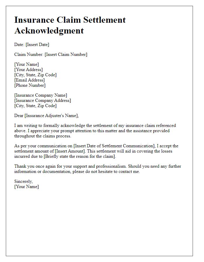 Letter template of insurance claim settlement acknowledgment