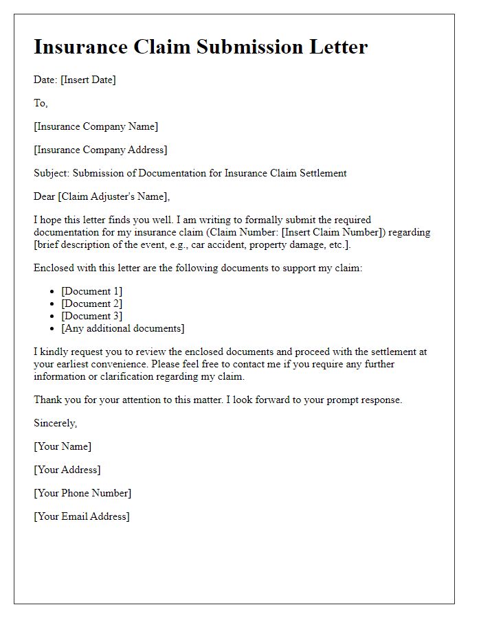 Letter template of insurance claim settlement documentation submission