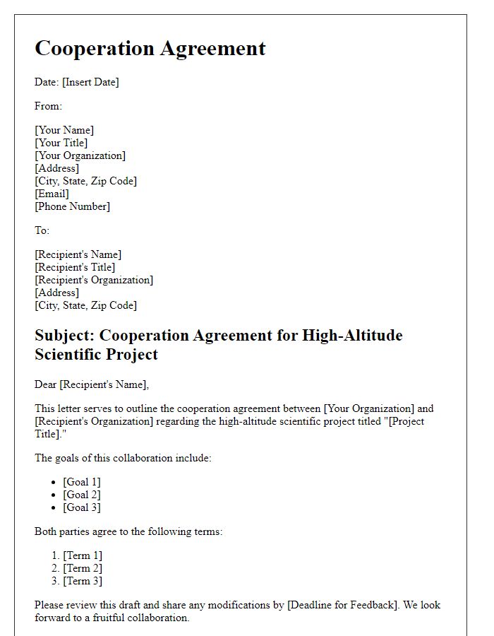 Letter template of cooperation agreement for high-altitude scientific project