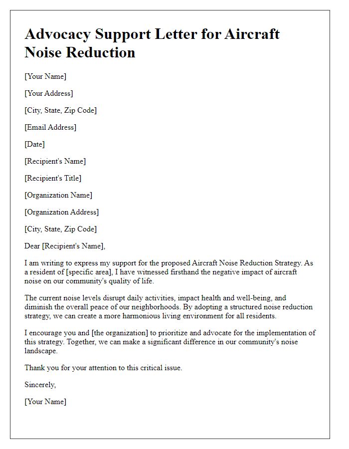 Letter template of advocacy support for aircraft noise reduction strategy proposal