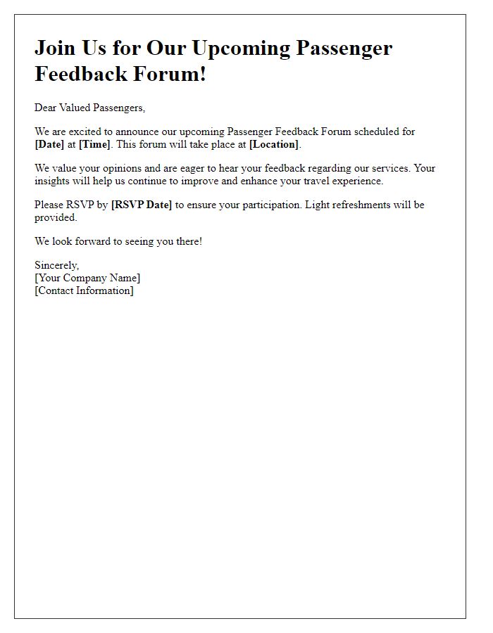 Letter template of announcement for upcoming passenger feedback forum.