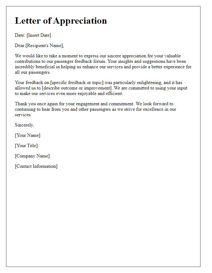 Letter template of appreciation for passenger feedback forum contributions.