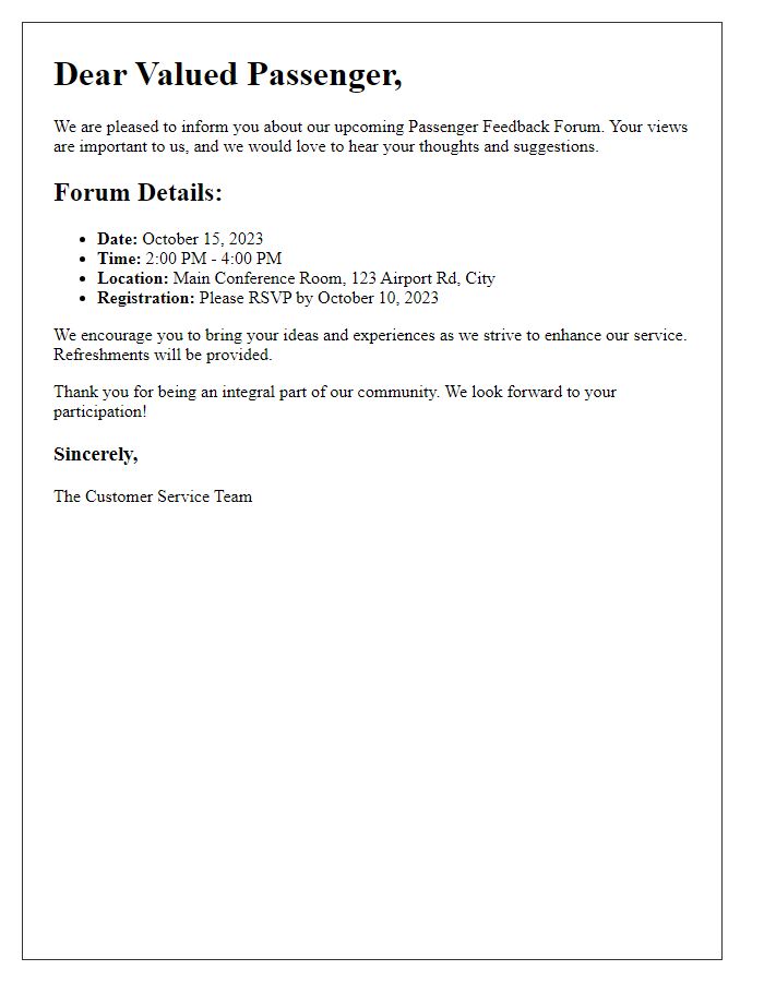 Letter template of information regarding passenger feedback forum details.