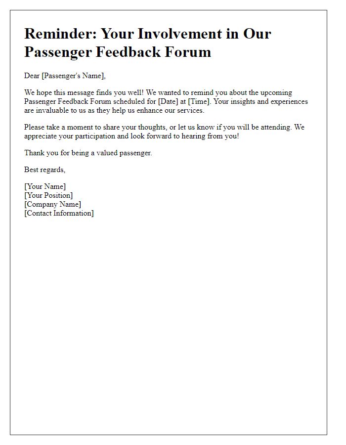 Letter template of reminder for passenger feedback forum involvement.