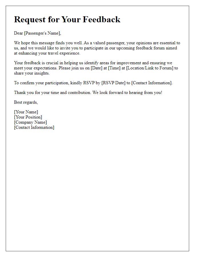 Letter template of request for passenger feedback forum engagement.