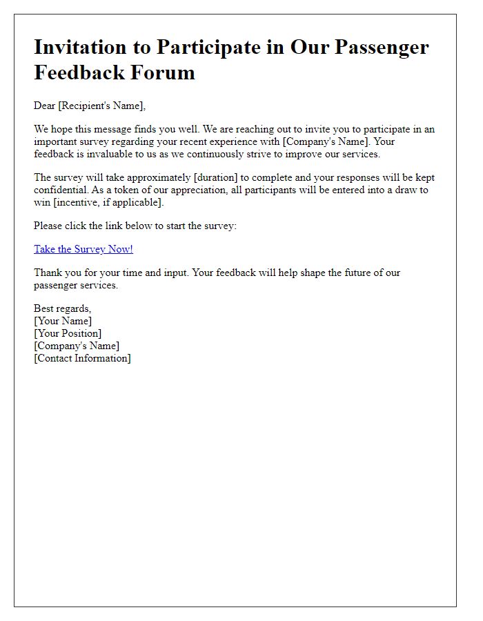 Letter template of survey invitation related to passenger feedback forum.