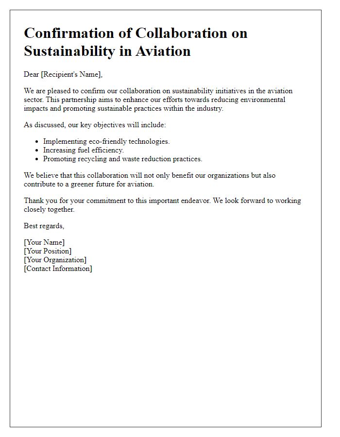 Letter template of confirmation for collaboration on sustainability in aviation