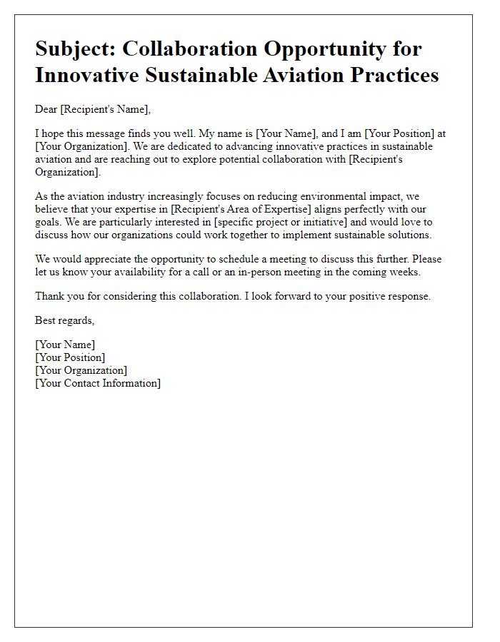 Letter template of outreach for innovative sustainable aviation practices