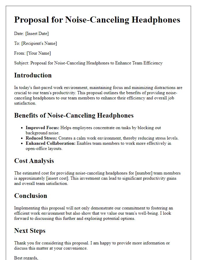 Letter template of proposal for noise-canceling headphones for team efficiency.