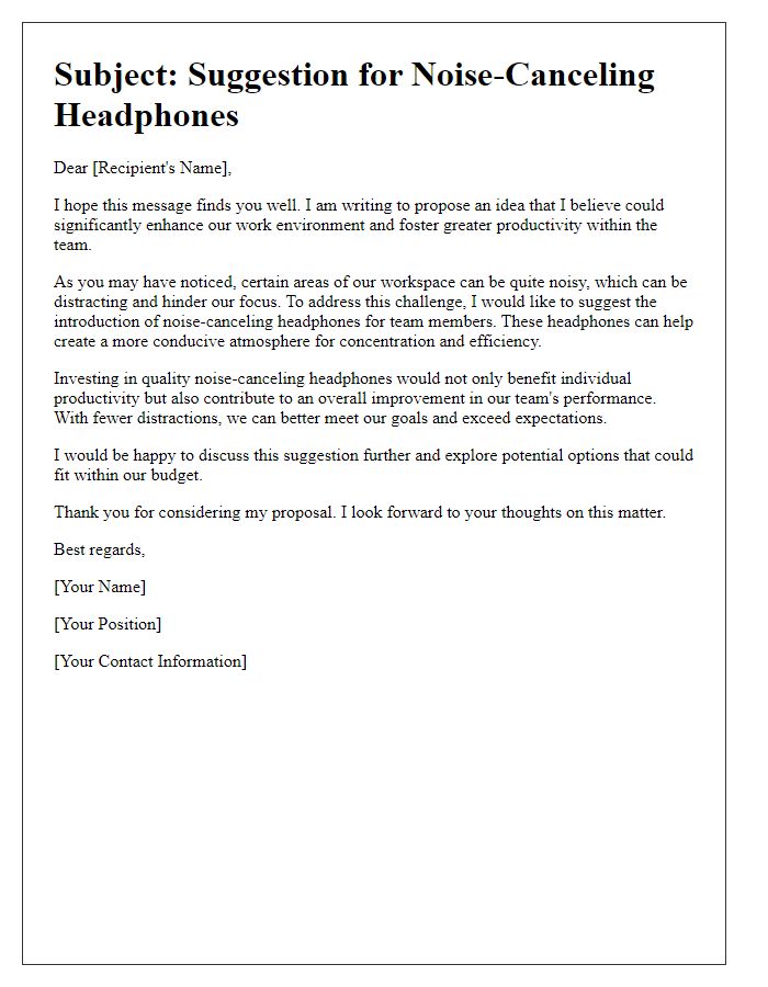 Letter template of suggestion for noise-canceling headphones to foster a productive atmosphere.