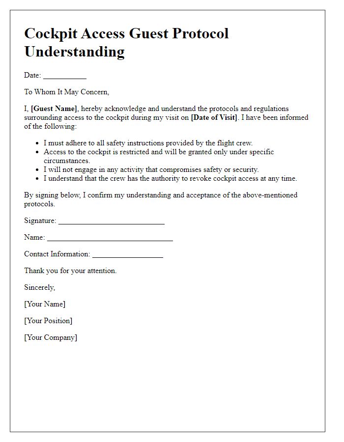 Letter template of cockpit access guest protocol understanding