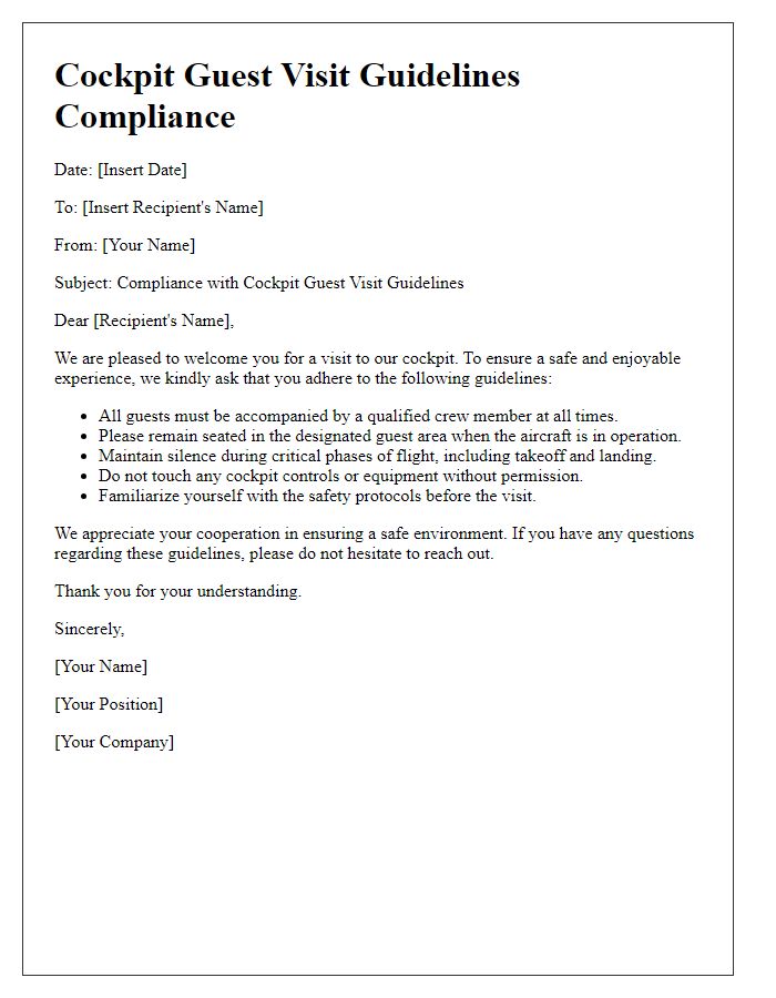 Letter template of cockpit guest visit guidelines compliance