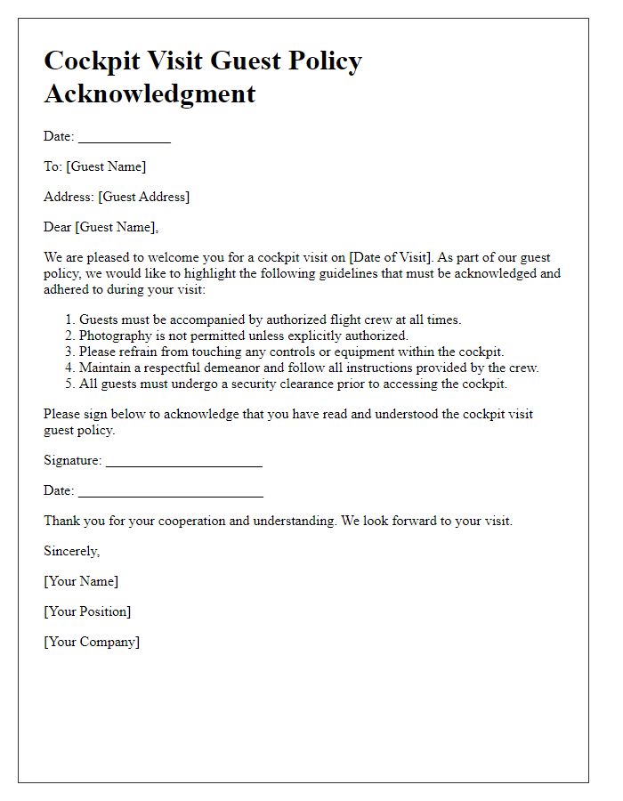 Letter template of cockpit visit guest policy acknowledgment