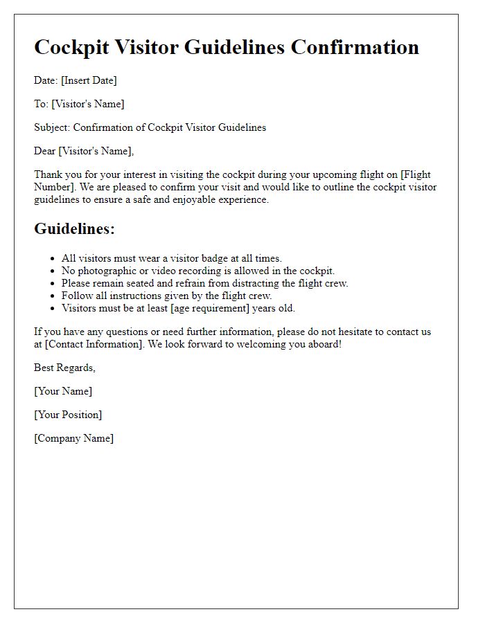 Letter template of cockpit visitor guidelines confirmation