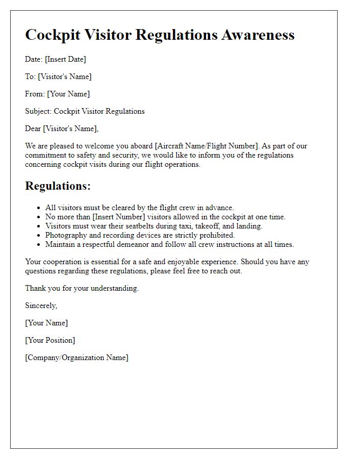 Letter template of cockpit visitor regulations awareness