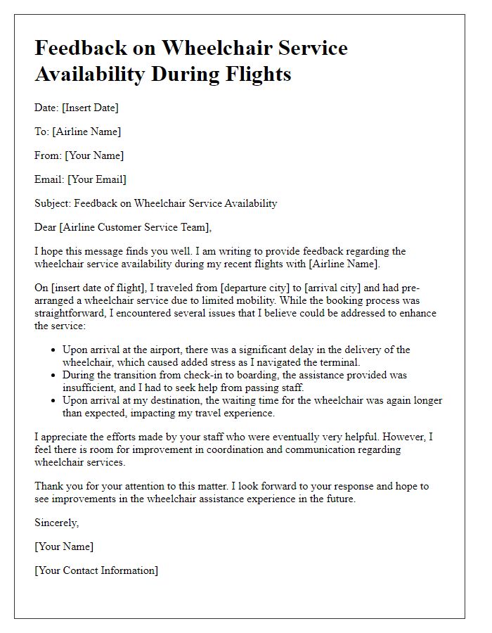 Letter template of feedback on wheelchair service availability during flights.