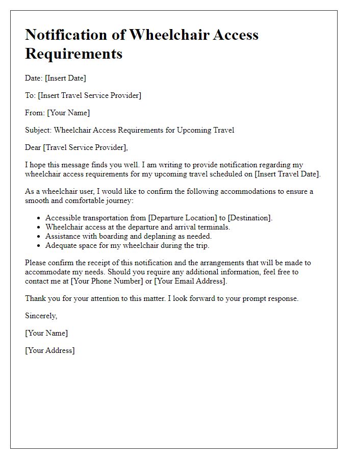 Letter template of notification for wheelchair access requirements during travel.