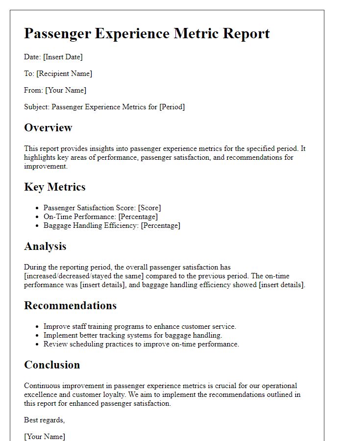 Letter template of passenger experience metric report