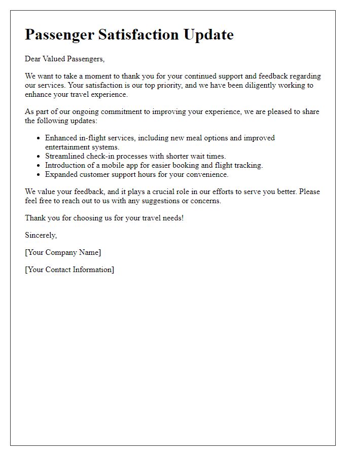 Letter template of passenger satisfaction update