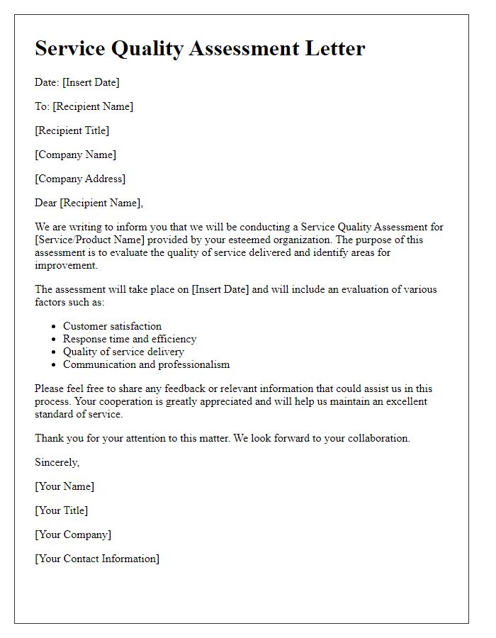 Letter template of service quality assessment