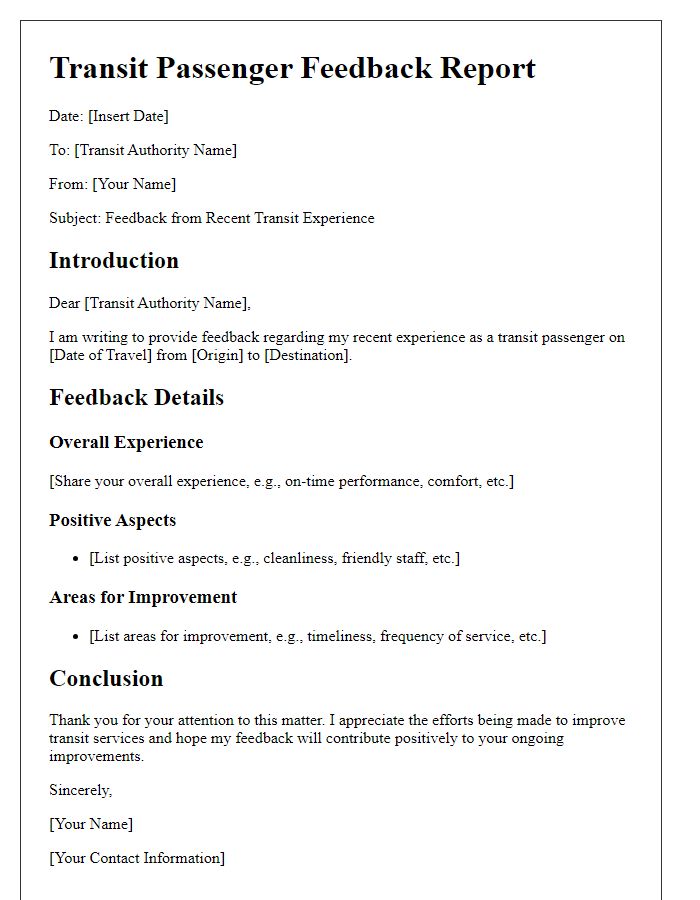 Letter template of transit passenger feedback report