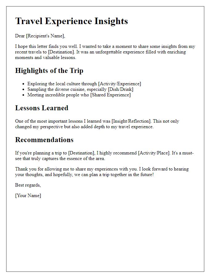 Letter template of travel experience insights