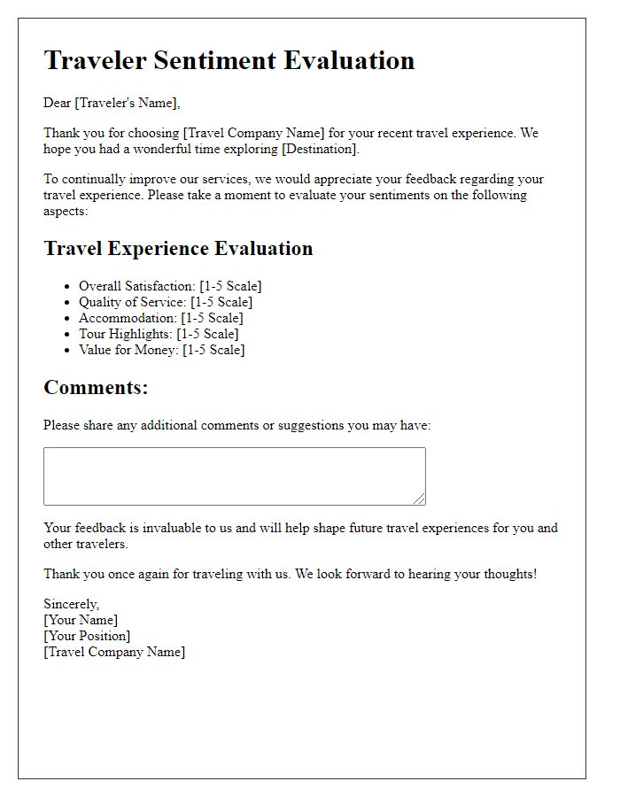 Letter template of traveler sentiment evaluation