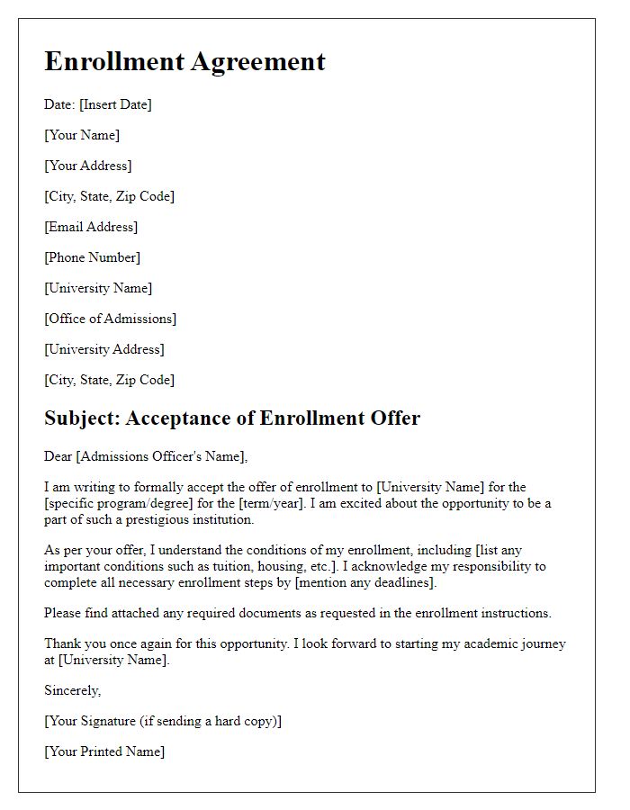 Letter template of agreement to university enrollment offer