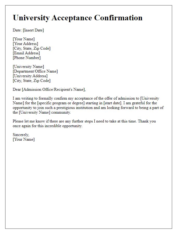 Letter template of university acceptance confirmation