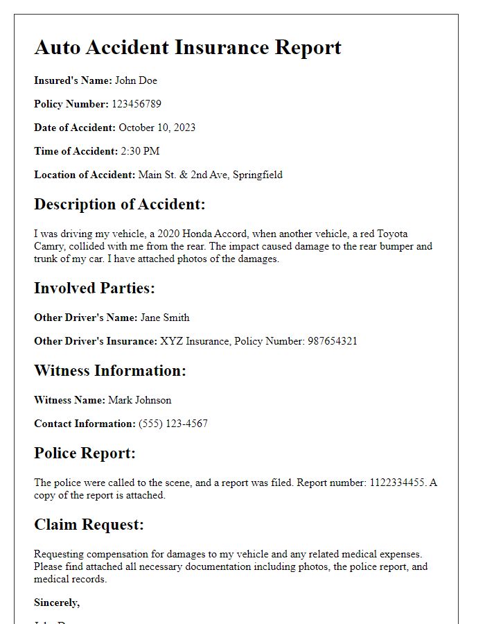 Letter template of auto accident insurance report