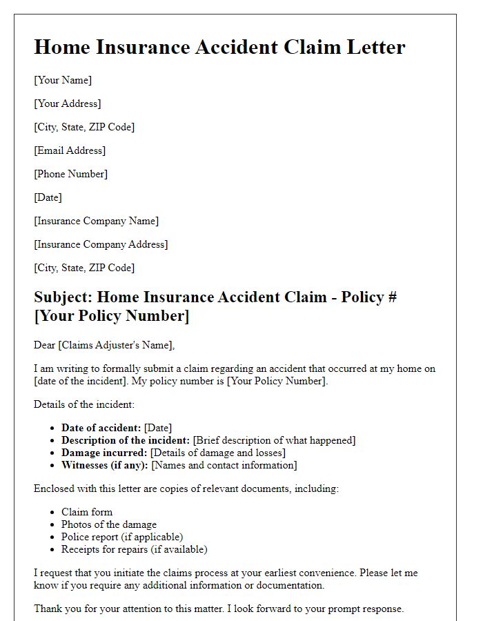 Letter template of home insurance accident claim