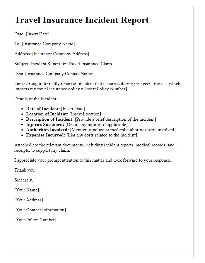 Letter template of travel insurance incident report