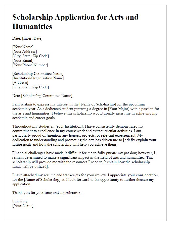 Letter template of a scholarship application for arts and humanities