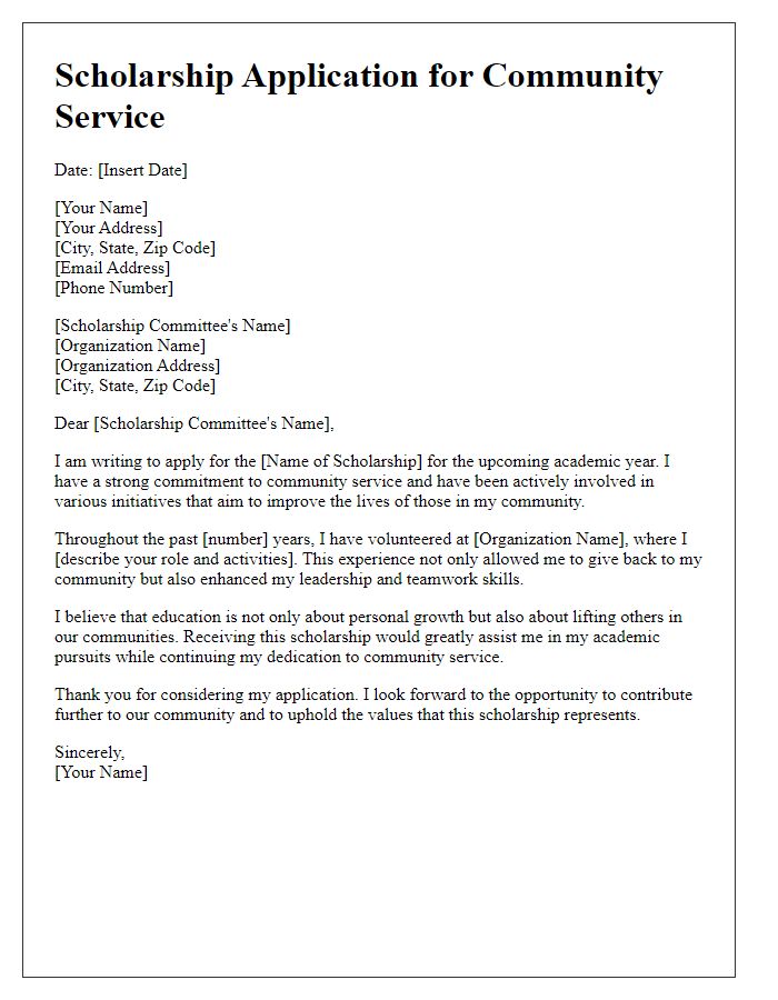 Letter template of a scholarship application for community service