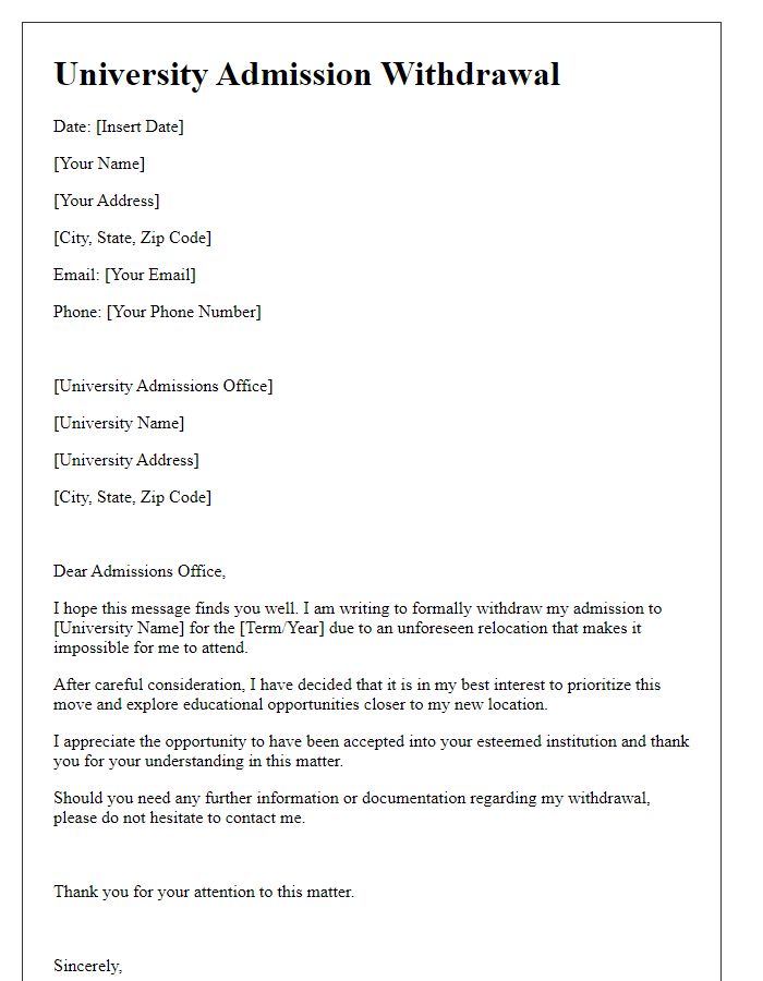 Letter template of university admission withdrawal due to relocation