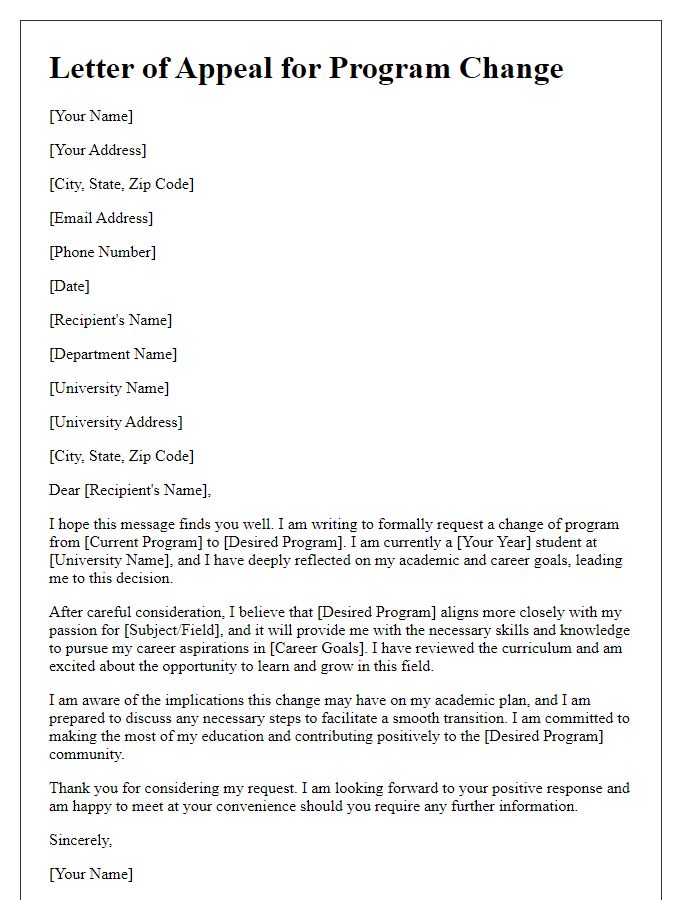 Letter template of appeal for program change at university.