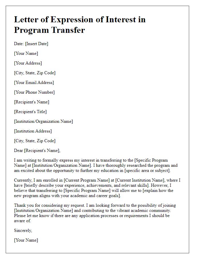 Letter template of expression of interest in program transfer.