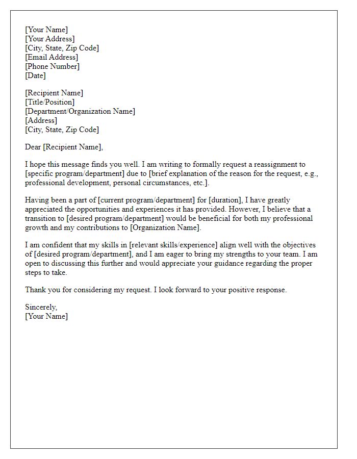 Letter template of formal request for program reassignment.