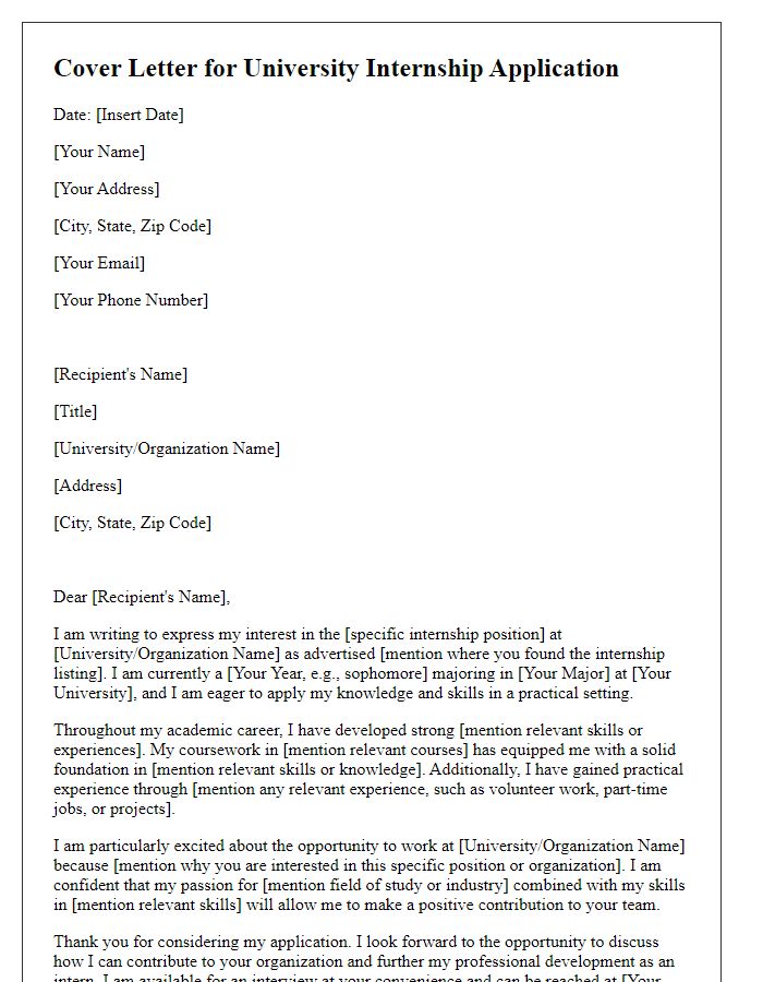 Letter template of cover letter for a university internship application.