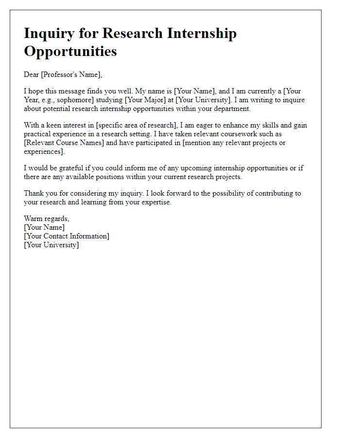 Letter template of inquiry for research internship opportunities at university.