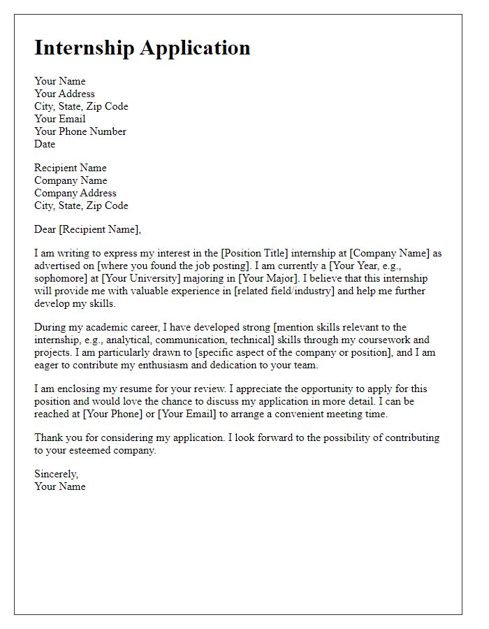 Letter template of internship application for university students.