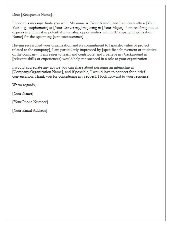 Letter template of networking outreach for university internship consideration.