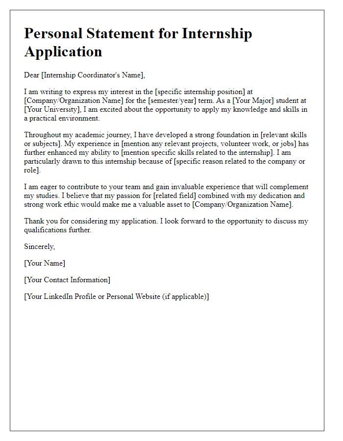 Letter template of personal statement for university internship request.