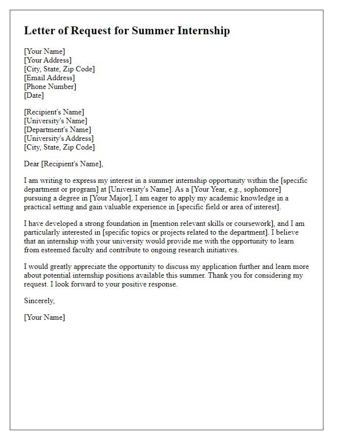 Letter template of request for summer internship at a university.