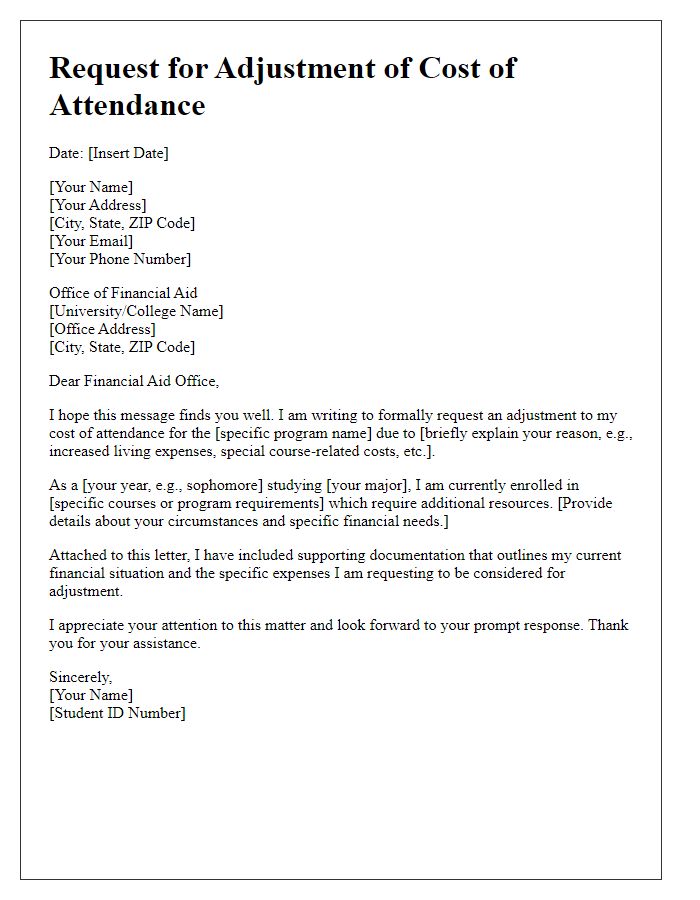 Letter template of cost of attendance adjustment request for specific programs