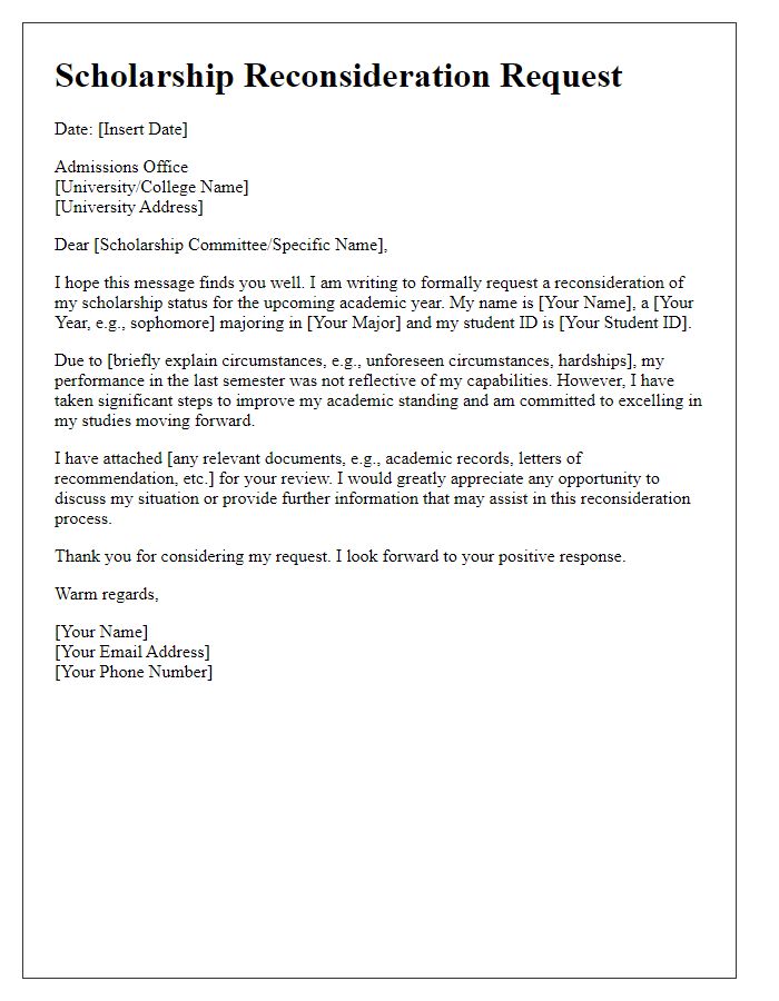 Letter template of scholarship reconsideration for returning students