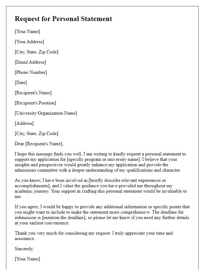 Letter template of request for a personal statement to support university application